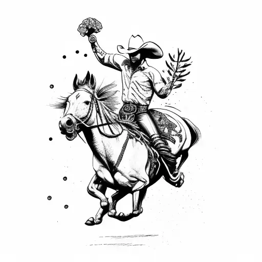 Bucking Bronco with cowboy on its back. the cowboy is holding a bouquet of flowers tattoo design idea