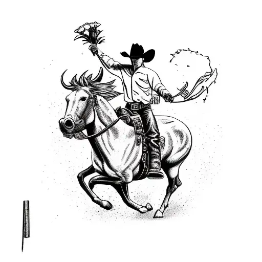Bucking Bronco with cowboy on its back. the cowboy is holding a bouquet of flowers tattoo design idea