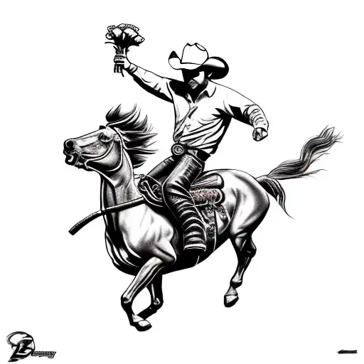 Bucking Bronco with cowboy on its back. the cowboy is holding a bouquet of flowers tattoo design idea