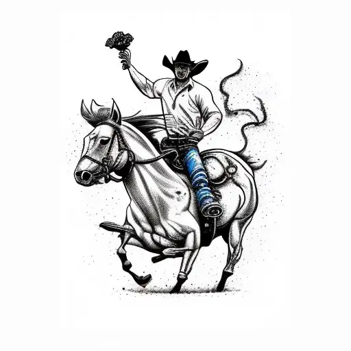 Bucking Bronco with cowboy on its back. the cowboy is holding a bouquet of flowers tattoo design idea