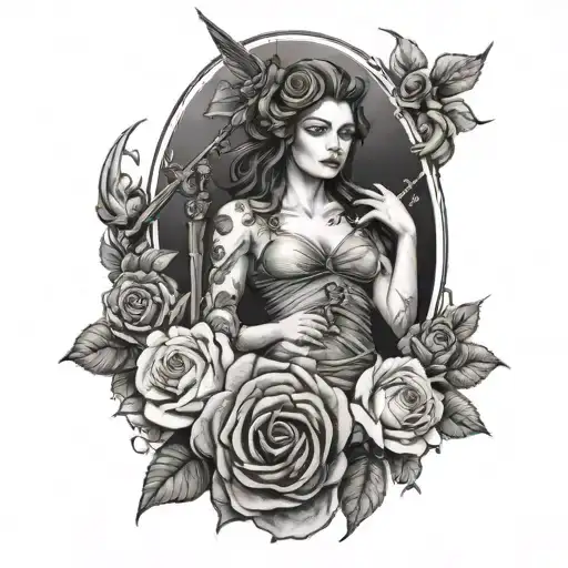 goddess of war with wilting rose surrounded with death and rain tattoo design idea