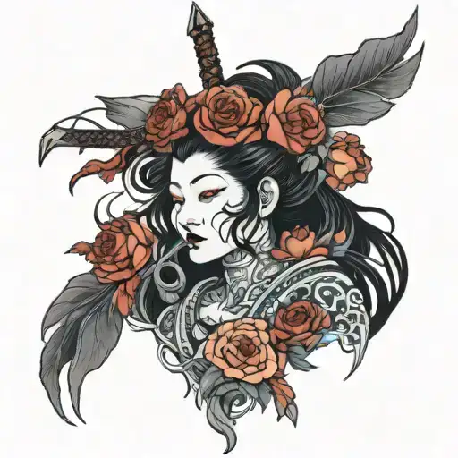 goddess of war with wilting rose surrounded with death and rain tattoo design idea