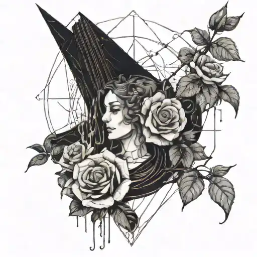 goddess of war with wilting rose surrounded with death and rain tattoo design idea