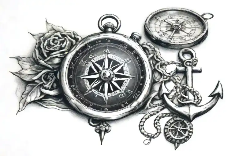 compass, anchor, om symbol, denver coordinates leading tattoo design idea