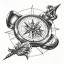 A compass rose intertwined with a watch, symbolizing the importance of valuing time and always being guided by it tattoo design idea