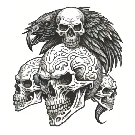 fanged skull, viper and raven sleeve tattoo tattoo design idea
