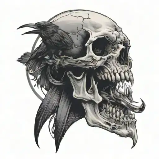 fanged vampire skull with a raven perched on top and a viper snaking it's way through an eye socket. tattoo design idea