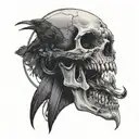 fanged vampire skull with a raven perched on top and a viper snaking it's way through an eye socket. tattoo design idea