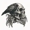 fanged vampire skull with a raven perched on top and a viper snaking it's way through an eye socket. tattoo design idea
