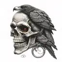 fanged vampire skull with a raven perched on top and a viper snaking it's way through an eye socket. tattoo design idea