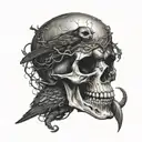 fanged vampire skull with a raven perched on top and a viper snaking it's way through an eye socket. tattoo design idea