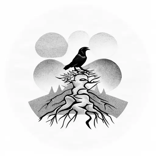 Raven perched on a dying tree with geometric patterns surrounding it tattoo design idea