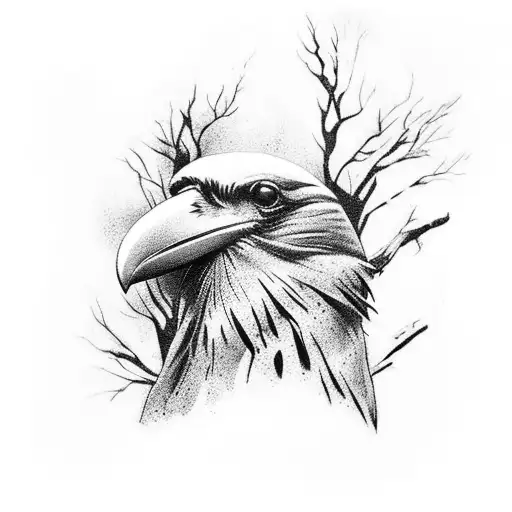 Raven perched on a dying tree tattoo design idea