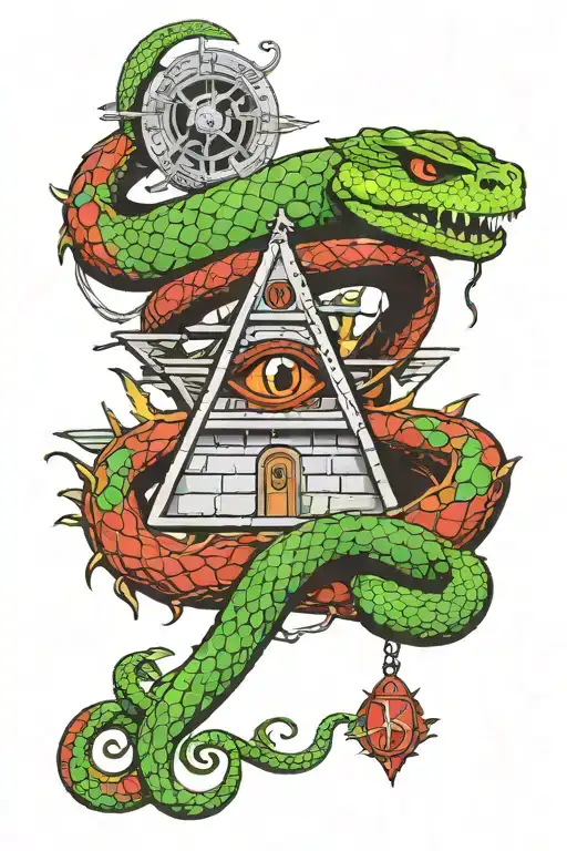 green snake "Slytherin", "closed society", blue stairs to the gates of heaven and red stairs to the gates of hell, all-seeing eye tattoo design idea