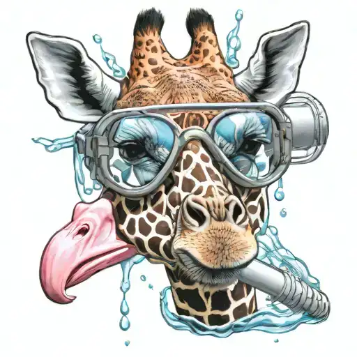 giraffe with snorkel and diving glasses in a flamingo shaped rubber tube in the water tattoo design idea