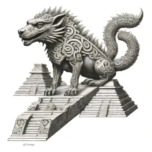 xoloitzcuitle, piramide, calendario maya, quetzalcoatl, mictlantecuhtli separados en la espalda  tattoo design idea
