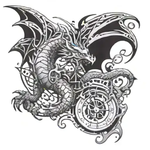 A mechanical dragon with musical notes flowing from its wings tattoo design idea