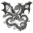 A mechanical dragon with musical notes flowing from its wings tattoo design idea