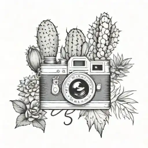 A vintage camera surrounded by cacti and a compass tattoo design idea