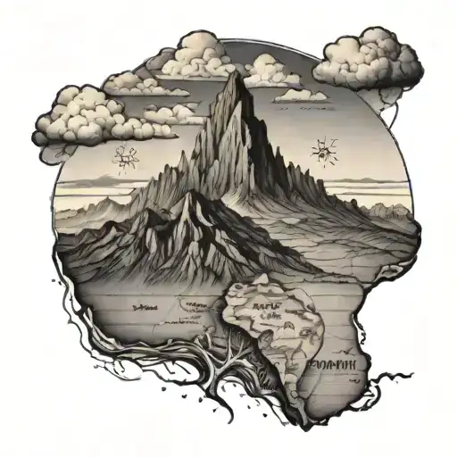 A sun setting behind a mountain range, with a map of South America in the background tattoo design idea