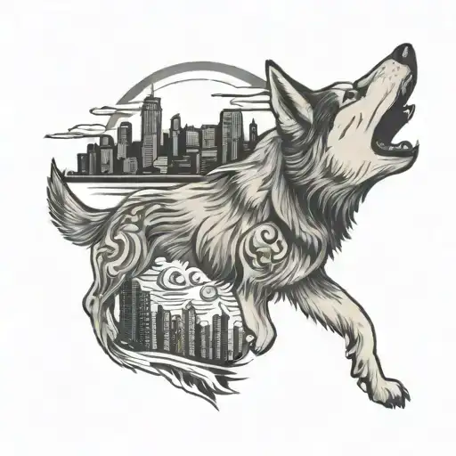 A Siberian husky howling at the Boston skyline tattoo design idea