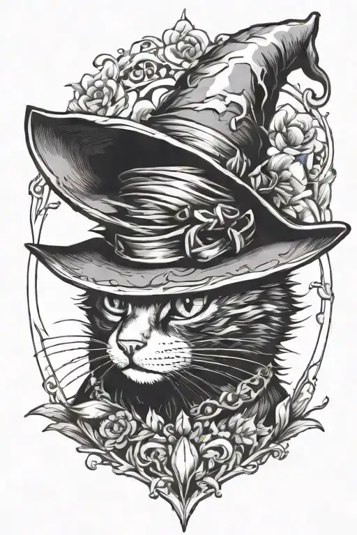 black cat in a witch hat tattoo design idea
