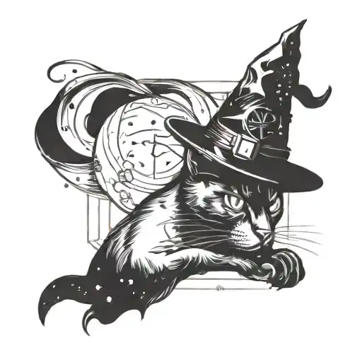 black cat in a witch hat, space inside the cat tattoo design idea