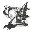 black cat in a witch hat, space inside the cat tattoo design idea
