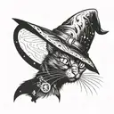 black cat in a witch hat, space inside the cat tattoo design idea