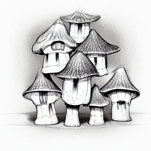 houses from mushrooms in Tim Berton style tattoo design idea