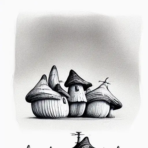 houses from mushrooms in Tim Berton style tattoo design idea