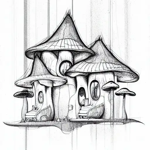 houses from mushrooms in Tim Berton style tattoo design idea