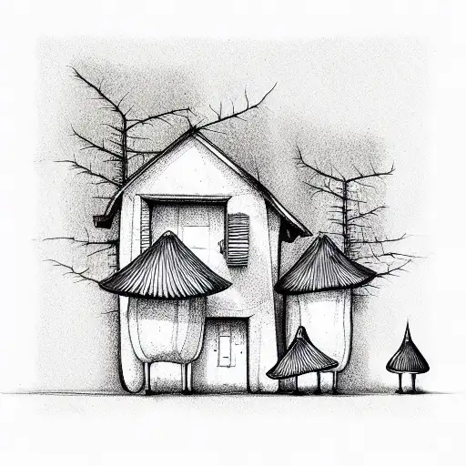 houses from mushrooms in Tim Berton style tattoo design idea