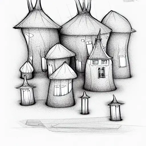 houses from mushrooms in Tim Berton style tattoo design idea