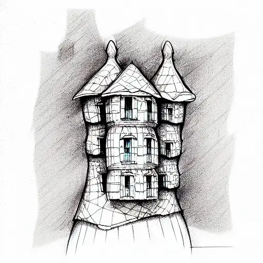 houses from mushrooms in Tim Berton style tattoo design idea