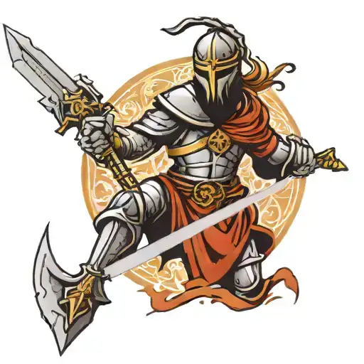 a crusader keeling with sword and battlefield behind him of akka tattoo design idea