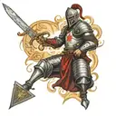 a crusader keeling with sword and battlefield behind him of akka tattoo design idea