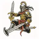 a crusader keeling with sword and battlefield behind him of akka tattoo design idea