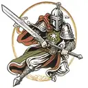 a crusader keeling with sword and battlefield behind him of akka tattoo design idea