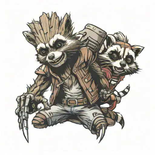 cartoon groot  playing rock paper scissors with cartoon rocket raccoon tattoo design idea