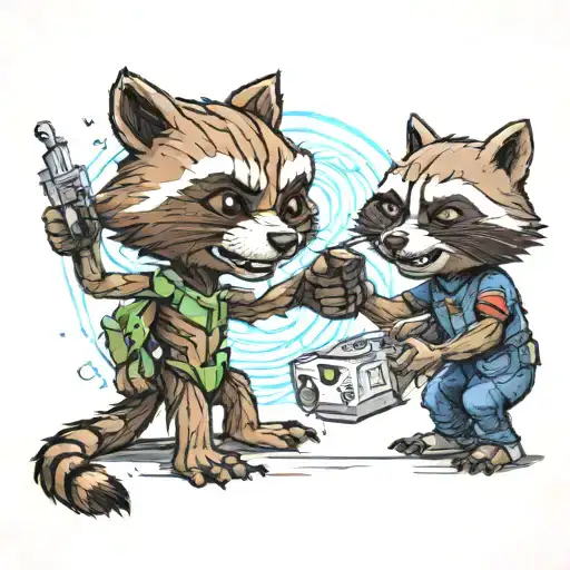 cartoon, groot playing rock paper scissors with rocket raccoon  tattoo design idea
