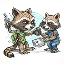 cartoon, groot playing rock paper scissors with rocket raccoon  tattoo design idea