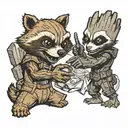 cartoon, groot playing rock paper scissors with rocket raccoon  tattoo design idea