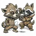 cartoon, groot playing rock paper scissors with rocket raccoon  tattoo design idea