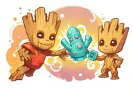 cartoon groot and cartoon rocket playing rock paper scissors colourful  tattoo design idea