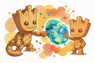 cartoon groot and cartoon rocket playing rock paper scissors colourful  tattoo design idea
