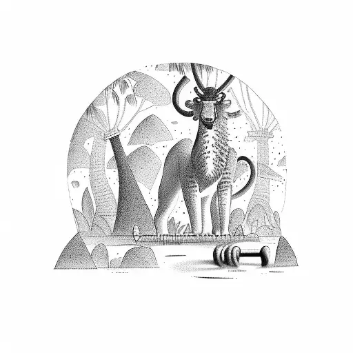 A jungle scene with animals and weights hanging from trees tattoo design idea