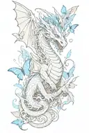 friendly dragon surrounded by blue butterflies and flames tattoo design idea