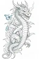 friendly dragon surrounded by blue butterflies and flames tattoo design idea