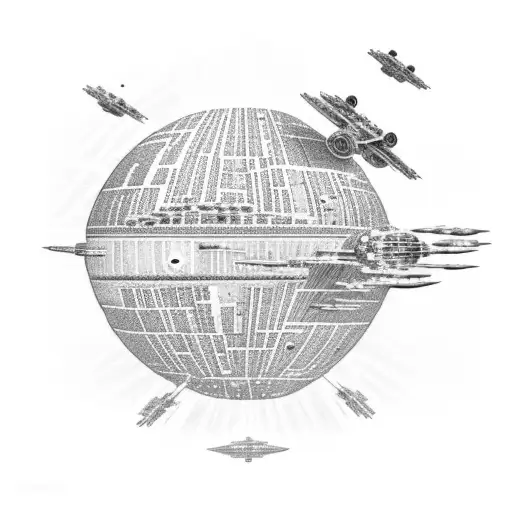 A dotwork tattoo of a father and child holding hands, with the Death Star and X-wing fighters in the background tattoo design idea